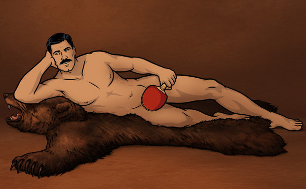 Sterling Archer, wearing nothing but a ping pong paddle, lounging on a bearskin rug.