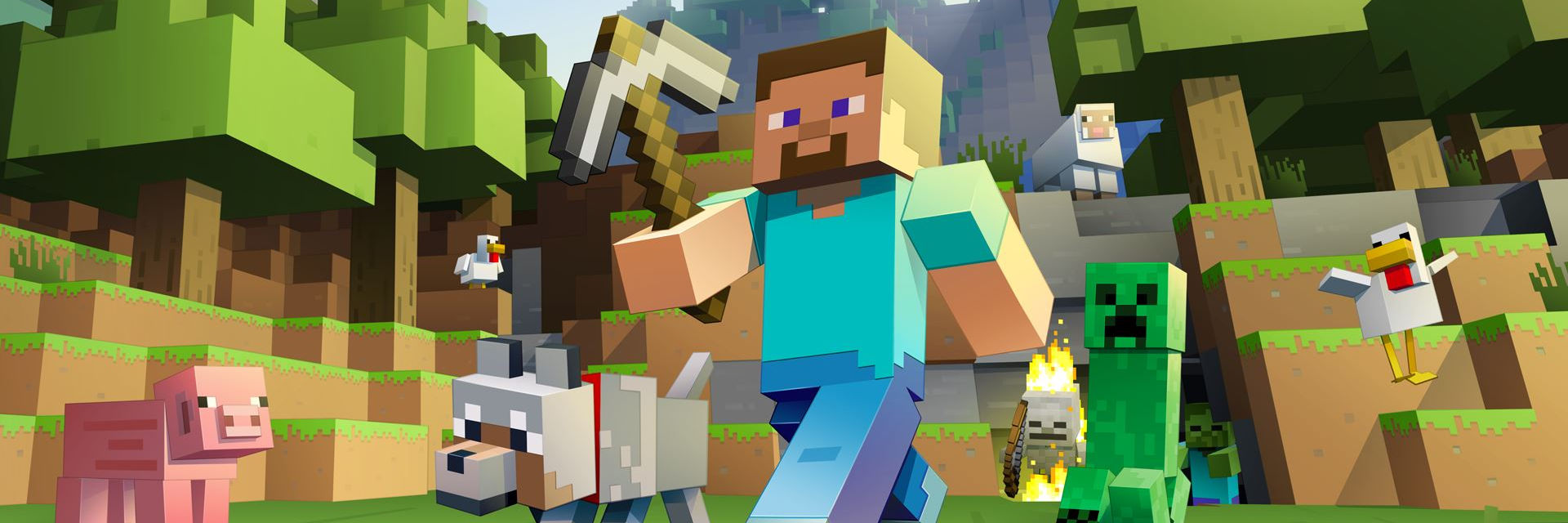 Minecraft Image, character with pickaxe surrounded by happy animals.