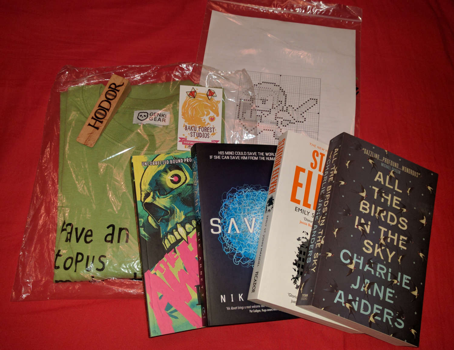 Picture of prizes (books, a t-shirt, and other bits