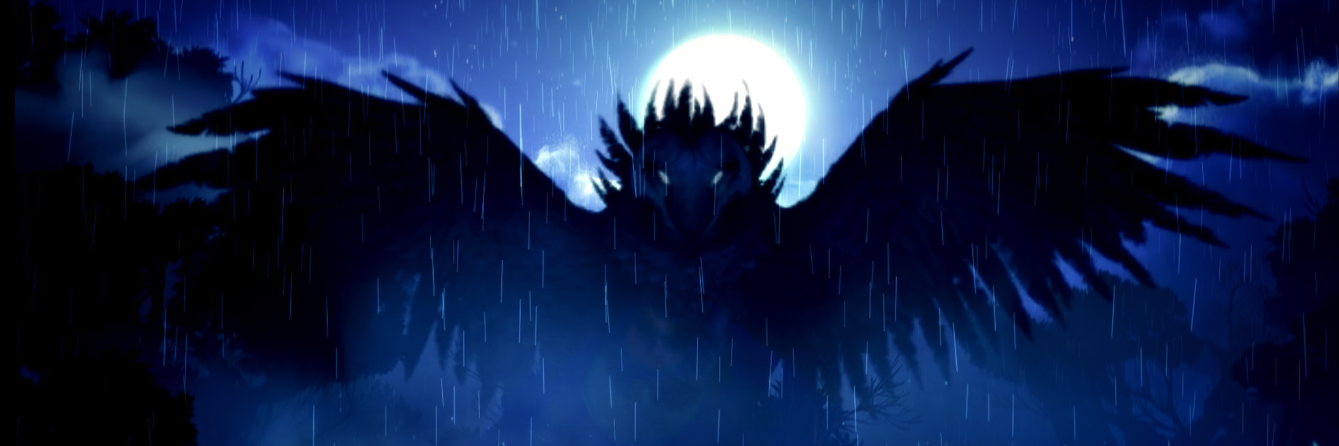 An image of Kuro the owl, vast and nightmarish, wings outstretched.