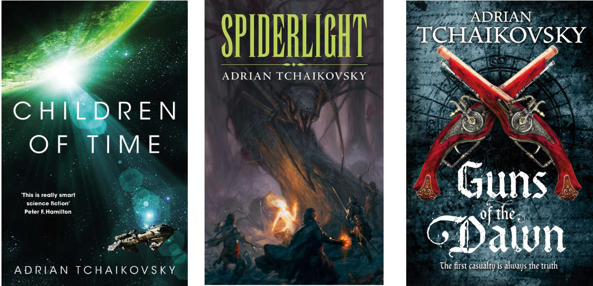 Book covers: Children of Time, Spiderlight, Guns of the Dawn