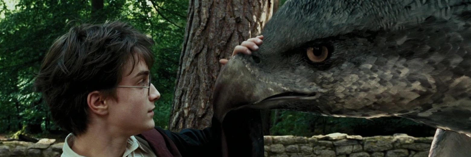 Harry stroking Buckbeak's beak.