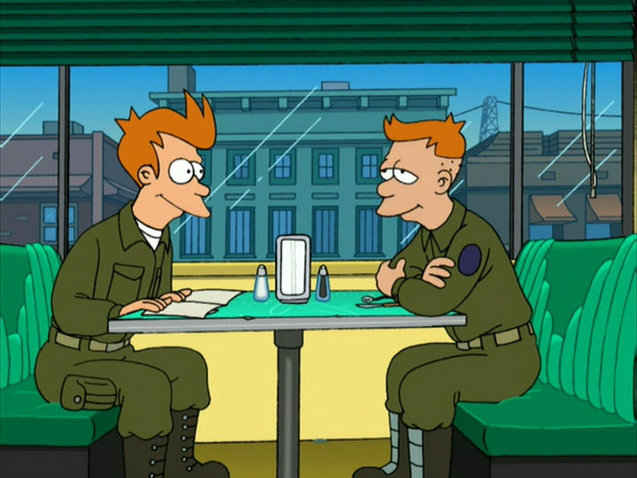 Fry appears to talk to his grandfather, in a diner.