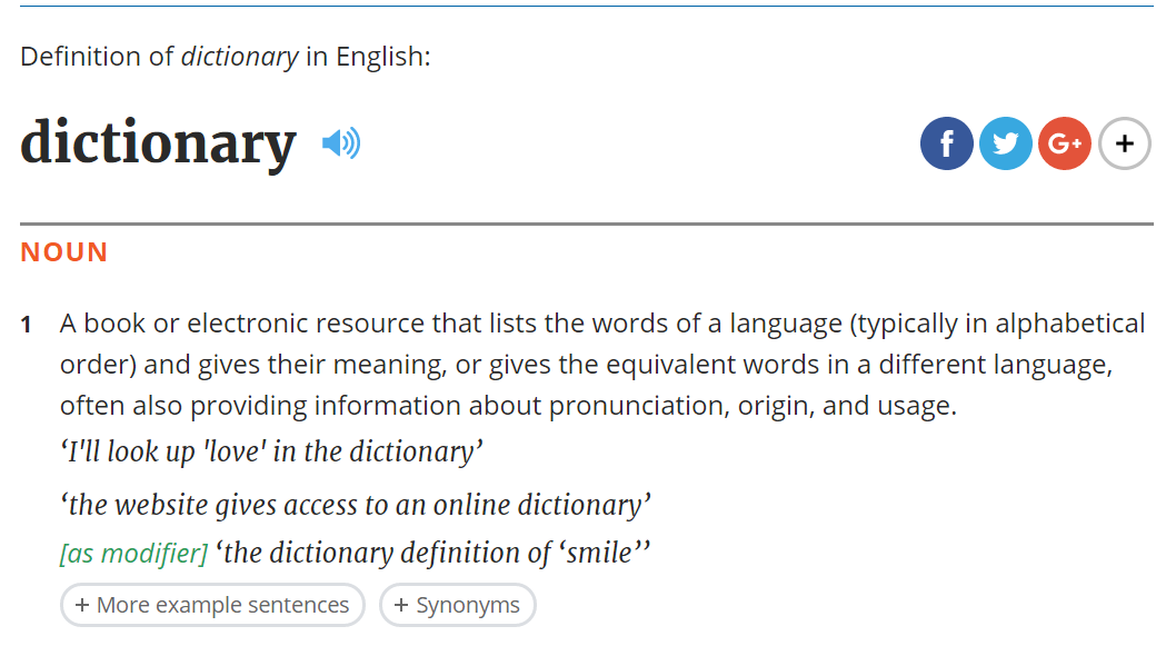 The dictionary entry for dictionary