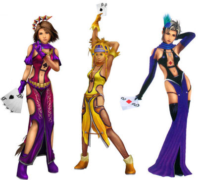 Yuna, Rikku and Paine from FFX-2 in their Lady Luck outfits