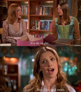 Two stills from the Buffy episode Once More with Feeling, as she sings about having died twice. 