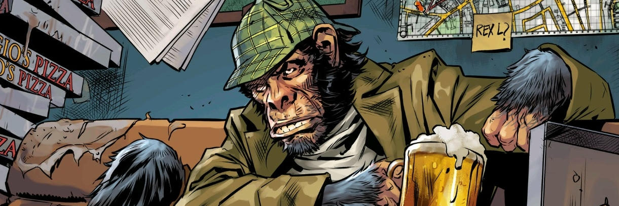 Detective Chimp, wearing a trilby and drinking beer.