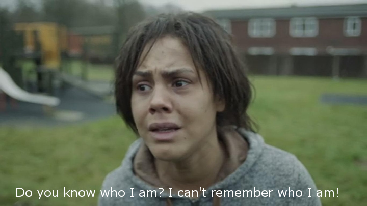 The central character in the White Bear episode of Black Mirror, with the caption ’Do you know who I am? I can