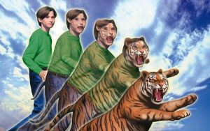 An Animorphs cover image, with Jake morphing into a tiger. 