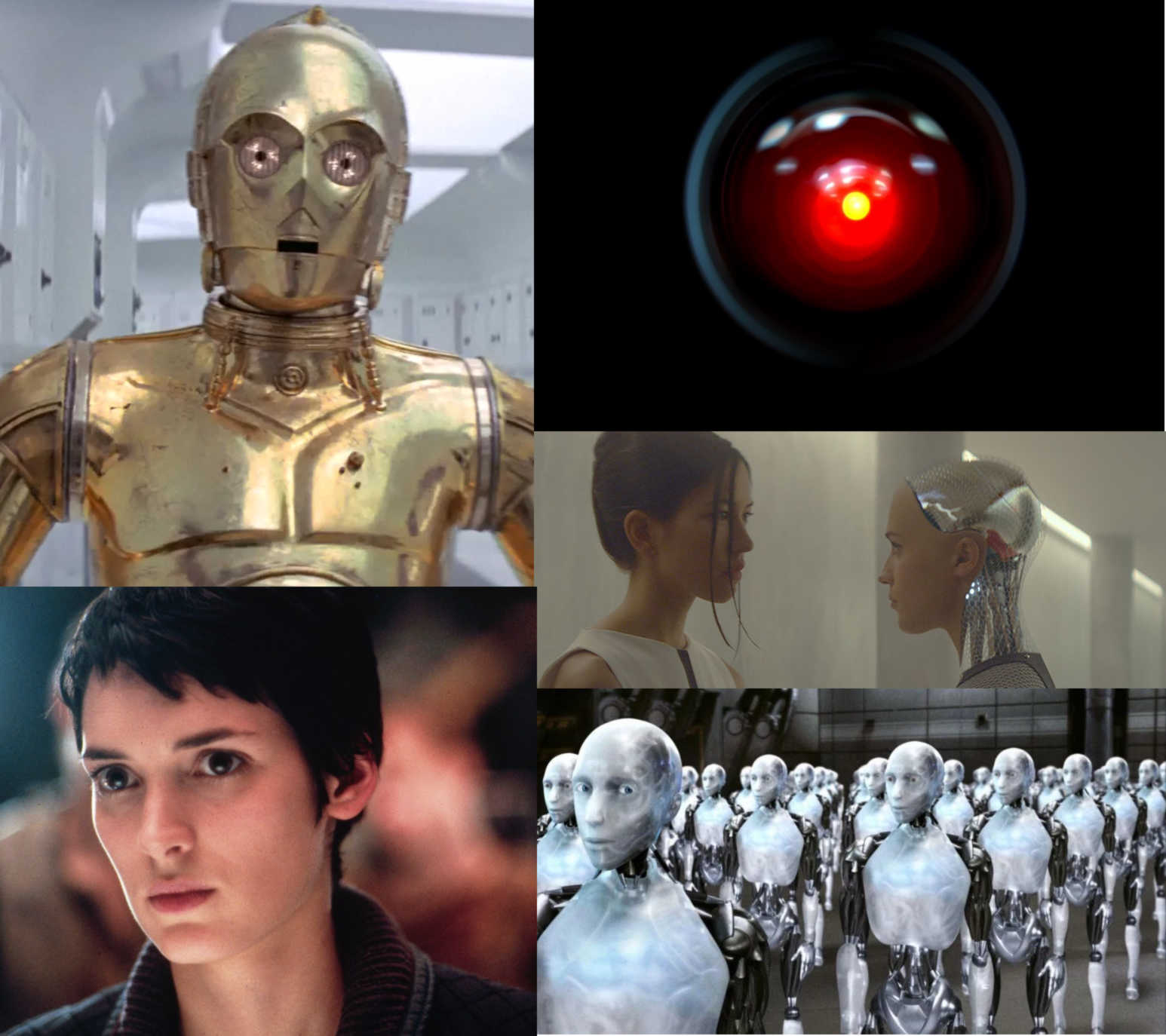 Collage of famous AI, including C3PO and HAL