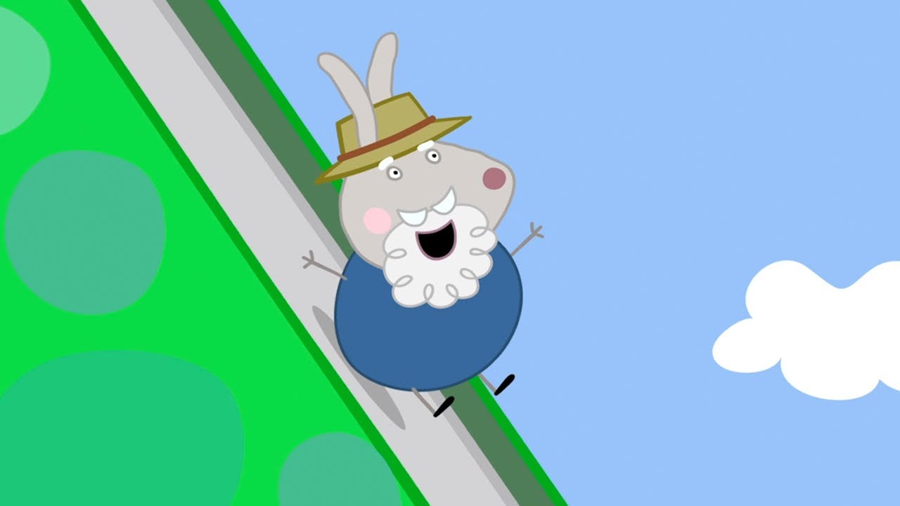 Grampy rabbit descending a giant slide.