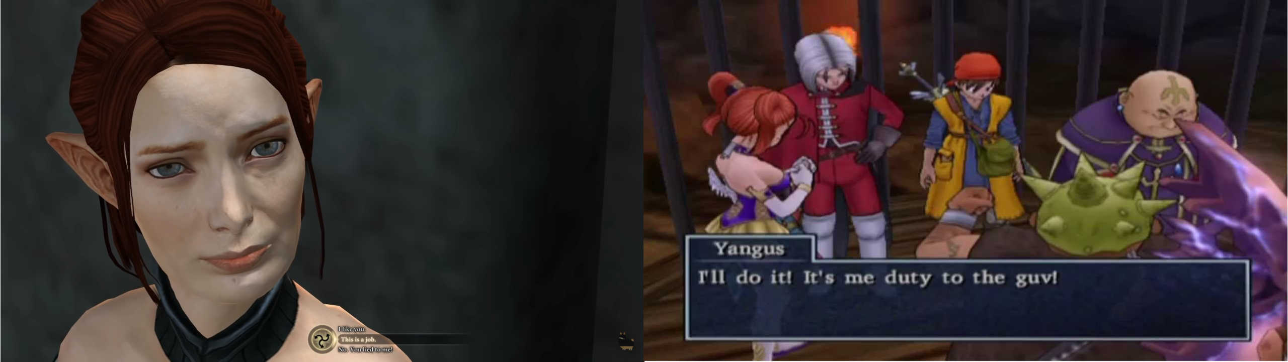 Images from Dragon Age II and Dragon Quest VIII, showing party members bonding with the player character in prison.