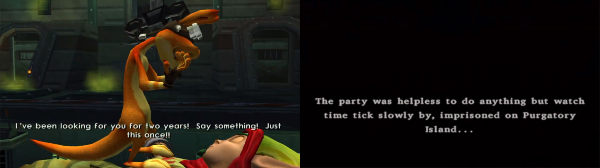 Images from Jak II and Dragon Quest VIII, showing that time has passed while characters are in prison.