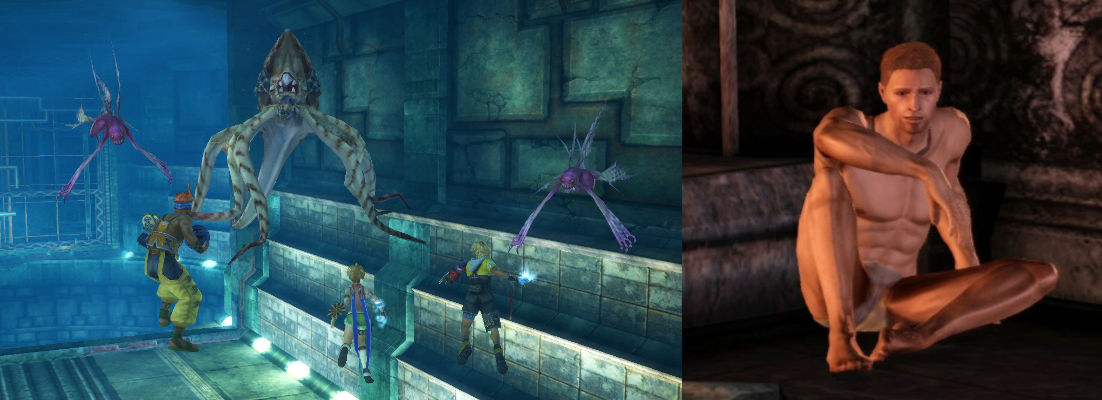 Image showing the underwater prison level from FFX and Alastair from DAO in prison, minus his clothes.