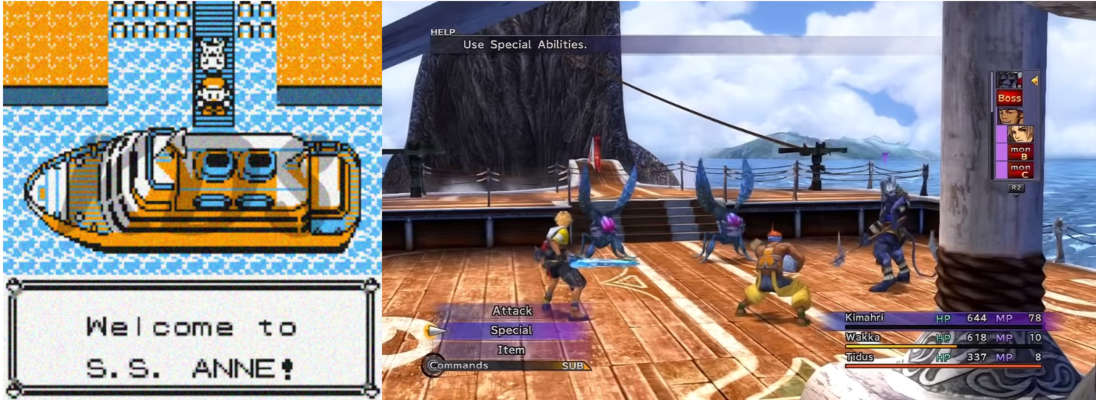 Image showing the S.S. Anne from Pokemon and a ship level battle from Final Fantasy X