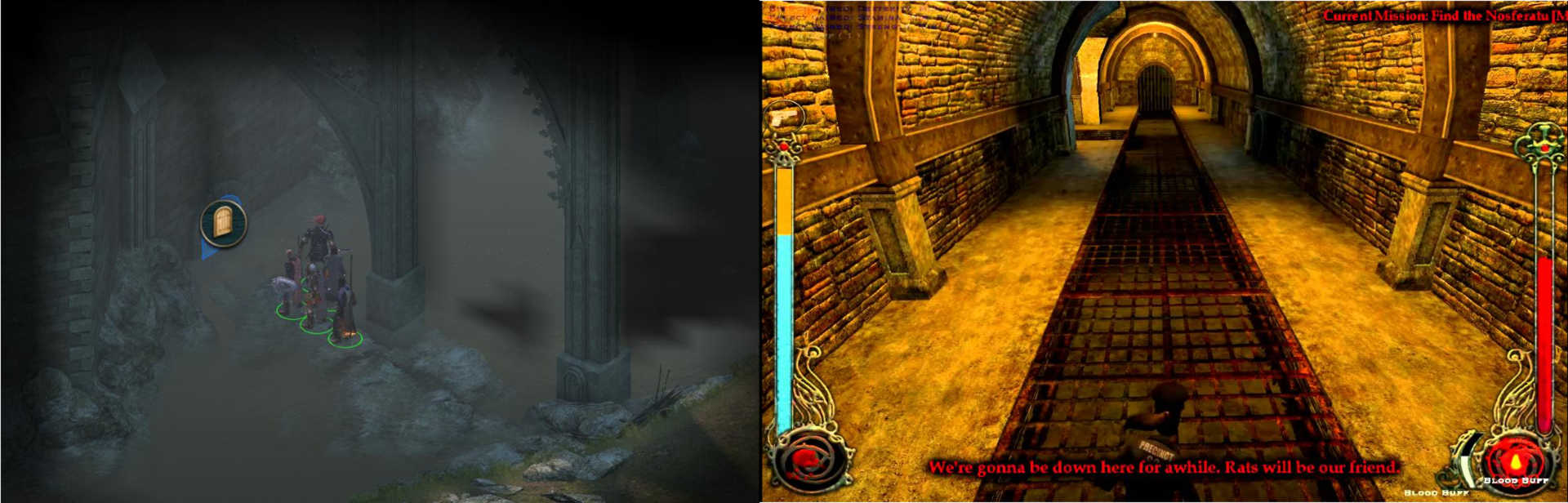 Image showing the entrance to a sewer level from Pillars of Eternity and the sewer level from Vampire: The Masquerade Bloodlines