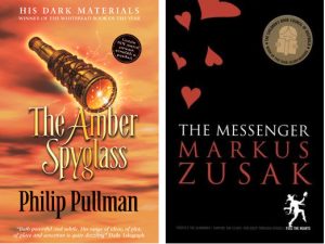 Book covers: The Amber Spyglass and The Messenger