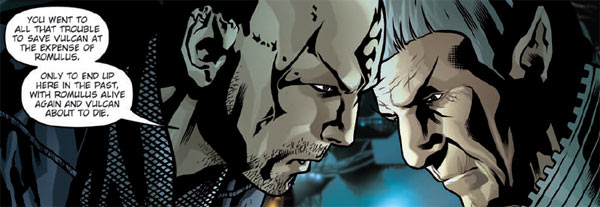 Comic panel, Nero taunting Spock about how his time travel failed to save Vulcan.