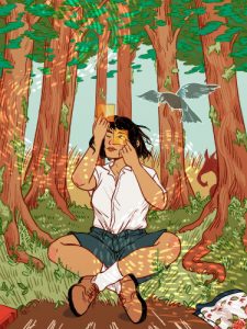Credit: u/Zethia, https://www.reddit.com/r/hisdarkmaterials/comments/c62zyg/an_illustration_of_dr_mary_malone/ class= Artwork depicting Mary Malone, sitting in the woods looking at dust through amber lenses.