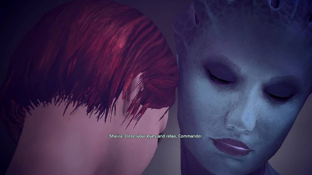 The consort is the blue one Sha'ira urging Shepard to relax.