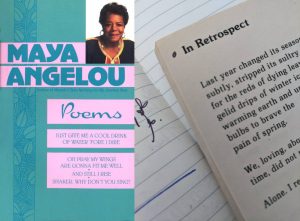 Cover of Maya Angelou's Poems and a photo of a page with a left dot in the top corner