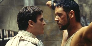 Phoenix and Crowe as emperor and slave in Gladiator.