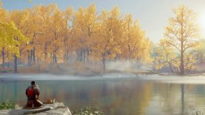 If a samurai farts in the woods and no one is around to hear it... A still from Ghost of Tsushima, showing Jin kneeling at a lake.