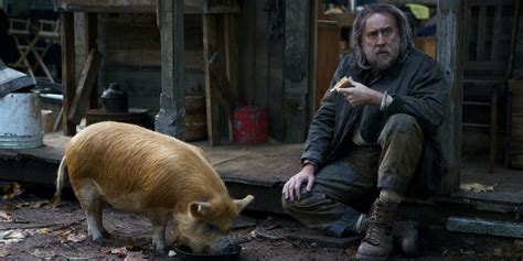 Man sits with pig
